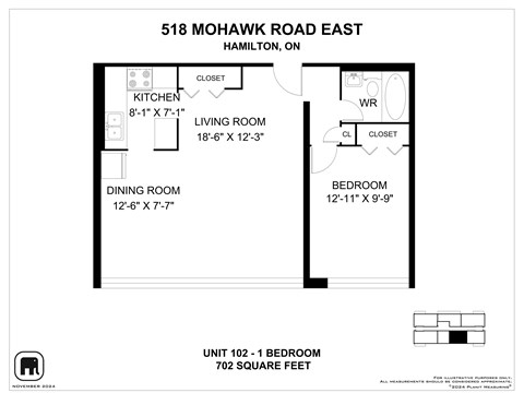 Floor plan for 1 bed, 1 bath